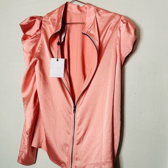 NWT LITTLE MISTRESS Women's Pink Satin Ruffle Long Sleeve Zip Back Top Size US 8 - Picture 4 of 9